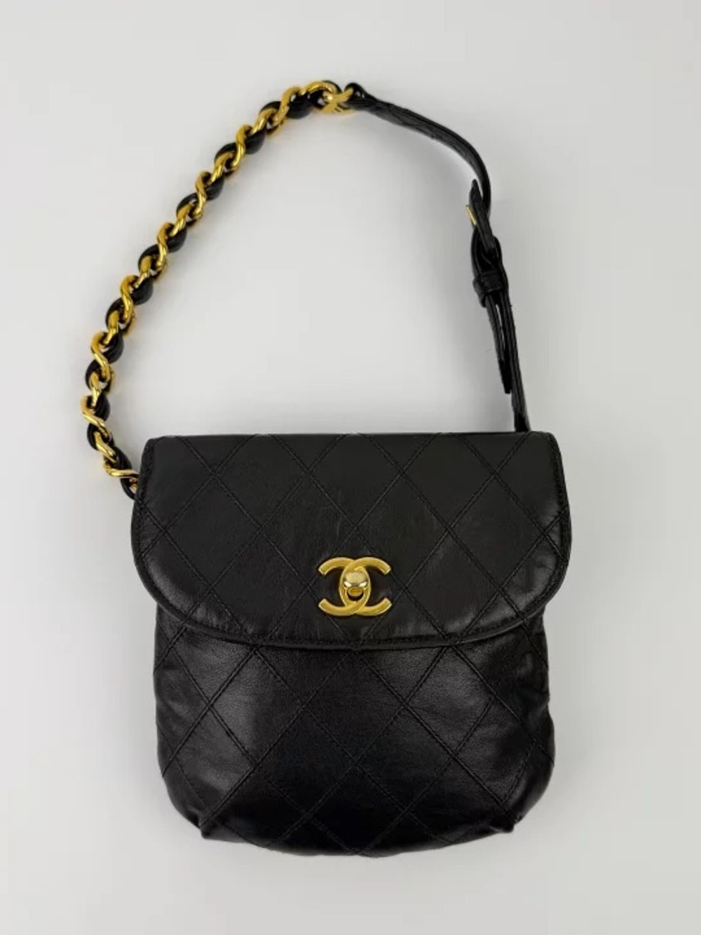 Authentic CHANEL vintage black wild stitch Lambskin bun bag belt 70cm